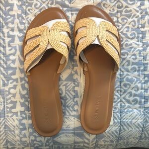 Women's Tan and White Slide Sandals